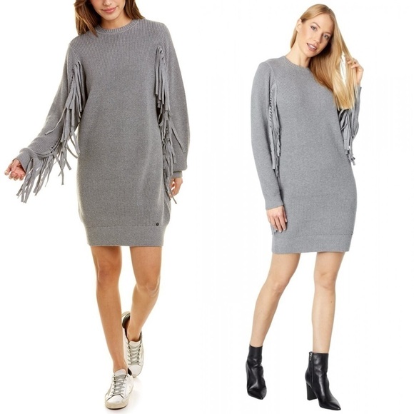 NWT TED BAKER Wool Blend Rib Knit Fringe Trim Long Sleeve Cocoon Sweater Dress 4 - Picture 5 of 13